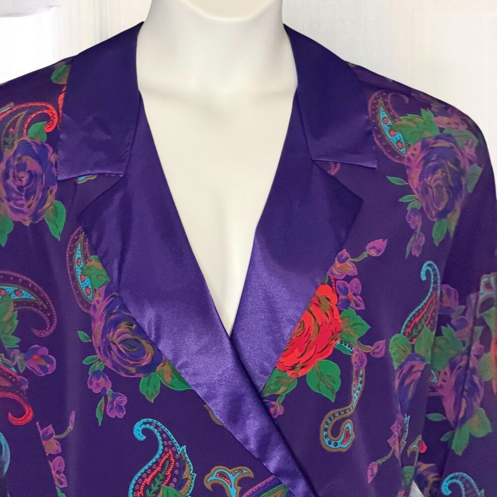 Vintage 80s Victoria’s Secret Purple Satin Pajama Lounge Set Sz L Paisley Floral - Picture 4 of 6